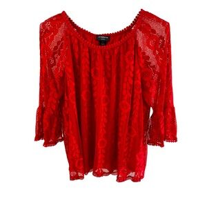 Liz Claiborne Red Floral Lace 3/4 Bell Sleeves Lined Blouse